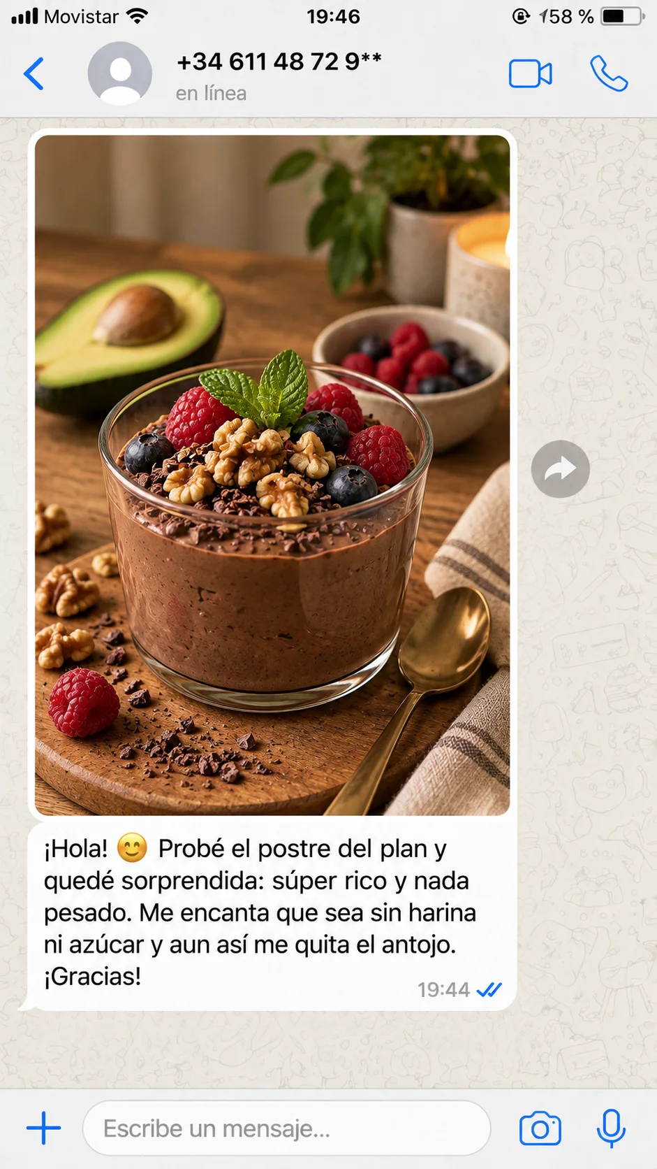 Testimonio de WhatsApp sobre 500 Recetas Sin Harina ni Azúcar