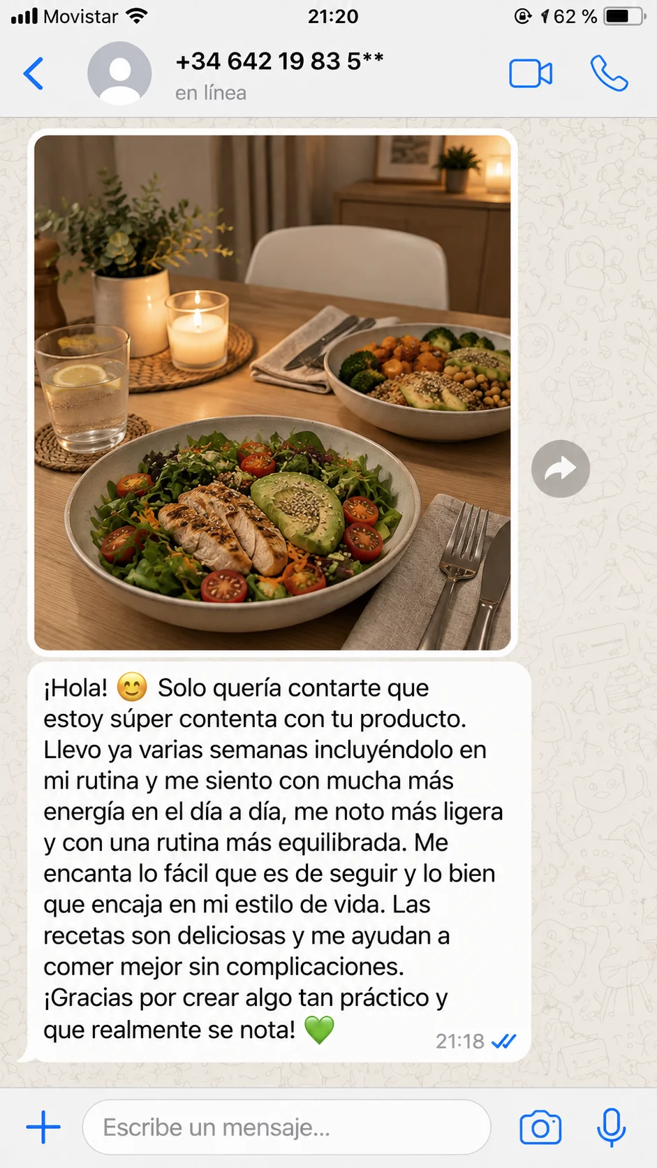 Testimonio de WhatsApp sobre 500 Recetas Sin Harina ni Azúcar