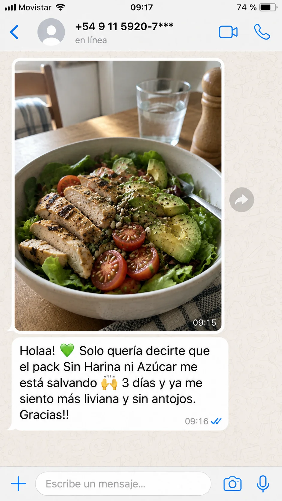 Testimonio de WhatsApp sobre 500 Recetas Sin Harina ni Azúcar