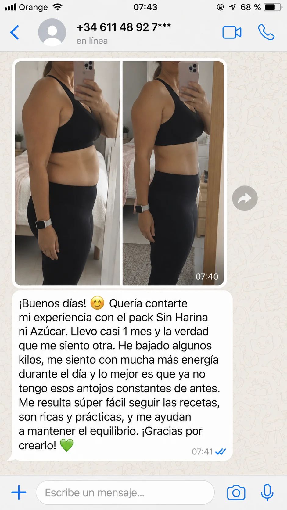 Testimonio de WhatsApp sobre 500 Recetas Sin Harina ni Azúcar